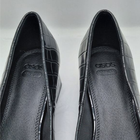 ASOS Design Croc Embossed Block Heel Pumps Women's 10 Black Pointed Toe Chic - Picture 6 of 11